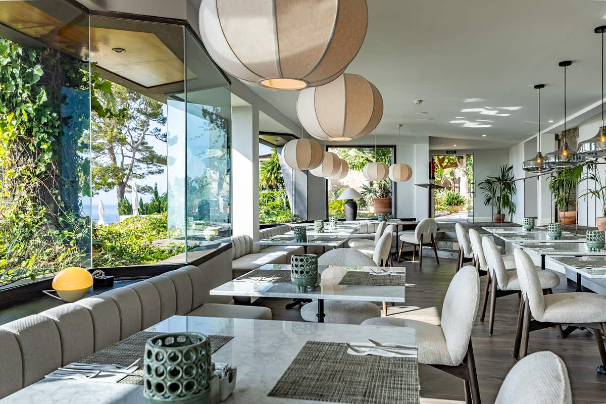 View of the restaurant interior with modern décor and views