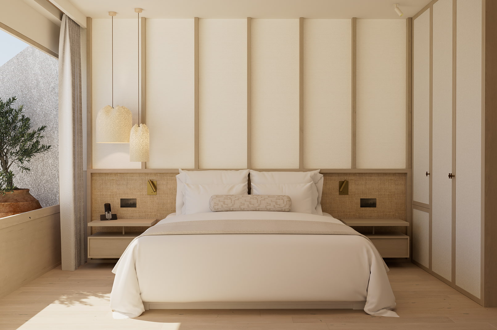 Habitación estándar con cama doble central y lámparas