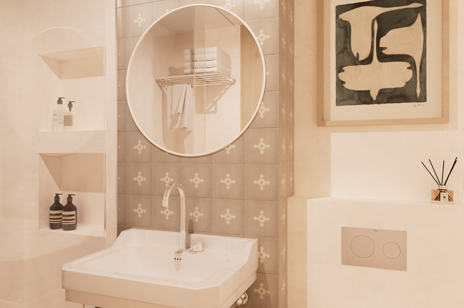 Baño con lavabo, espejo circular y azulejos decorativos