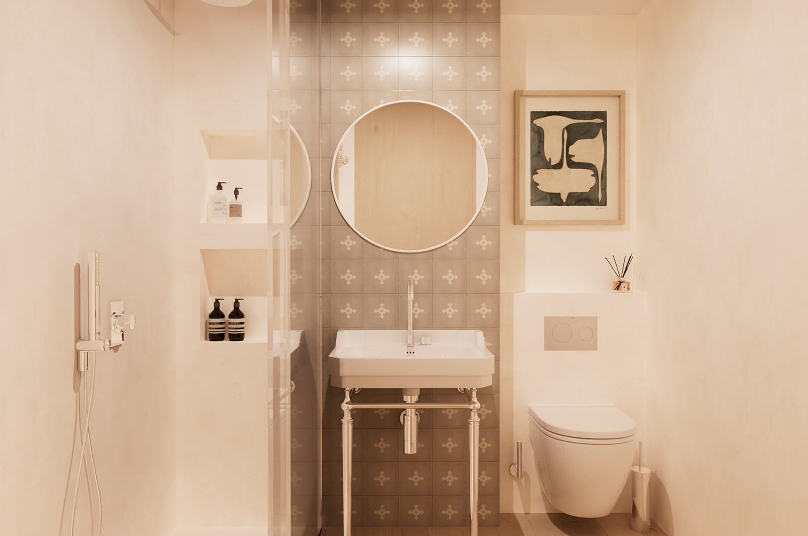 Baño elegante con inodoro suspendido y ducha acristalada
